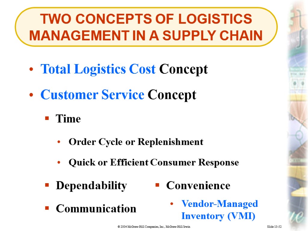 TWO CONCEPTS OF LOGISTICS MANAGEMENT IN A SUPPLY CHAIN Slide 13-52 Total Logistics Cost